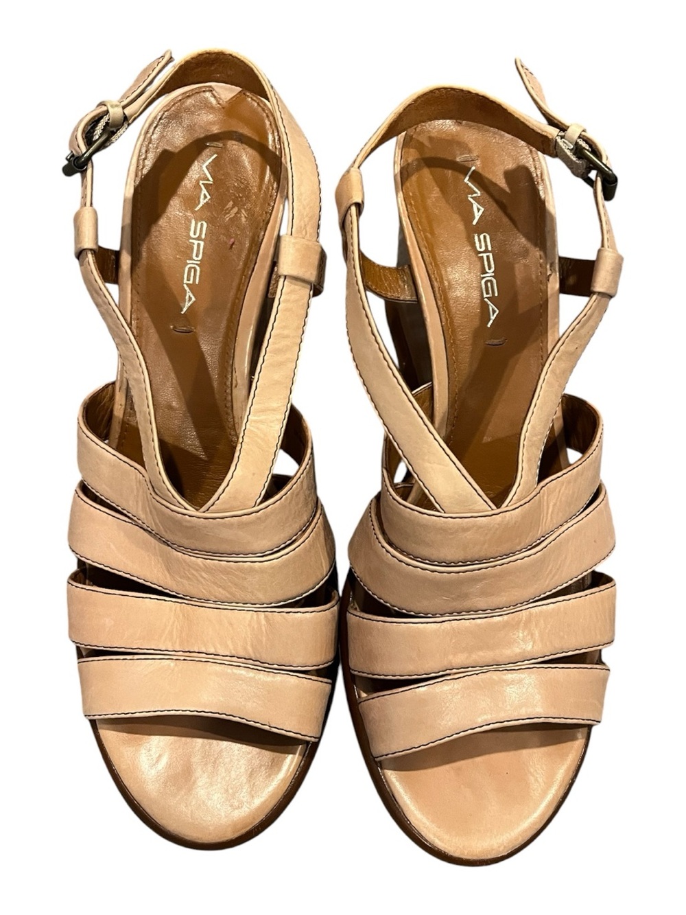 Via Spiga Beige Leather Strappy Wedge Sandals